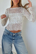 Fashionable Sequined Fishnet Casual Long-sleeved Top