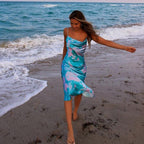 Eventide Printed Satin Midi Slip Dress Aqua