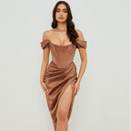 Bodycon Party Card Shoulder Tube Top Slim Fit Slit Solid Color Dress