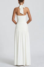 Solid Color Halter Neck Backless Slim Fit Pleated Slit Maxi Dress