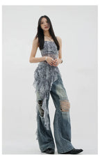 Vintage Distressed And Dirt-Dyed Patchwork Wide-Leg Jeans