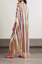 Mezcal Knit Colorful Zigzag Pattern Tassle Trim Loose Kaftan Maxi Dress