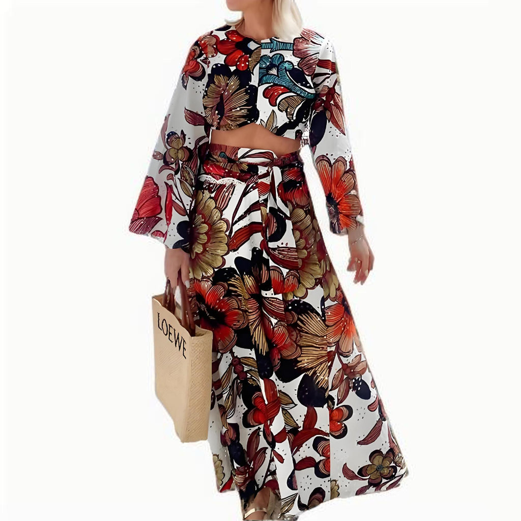 Hollow lace unique printed bell shaped sleeve crop top and lace up long skirt set