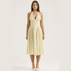 Deep V Plunge Floral A Line Dress Backless Halter Short