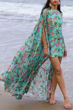 Garden Party Contrast Floral Print High Low Cape Maxi Dress