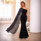Dress Long Cocktail One Shoulder Long Gilding Pattern Evening Dress