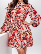 Nerea Timeless Women's Floral Print Dress with Waist Belt and Long Sleeves Evening Wear Edit