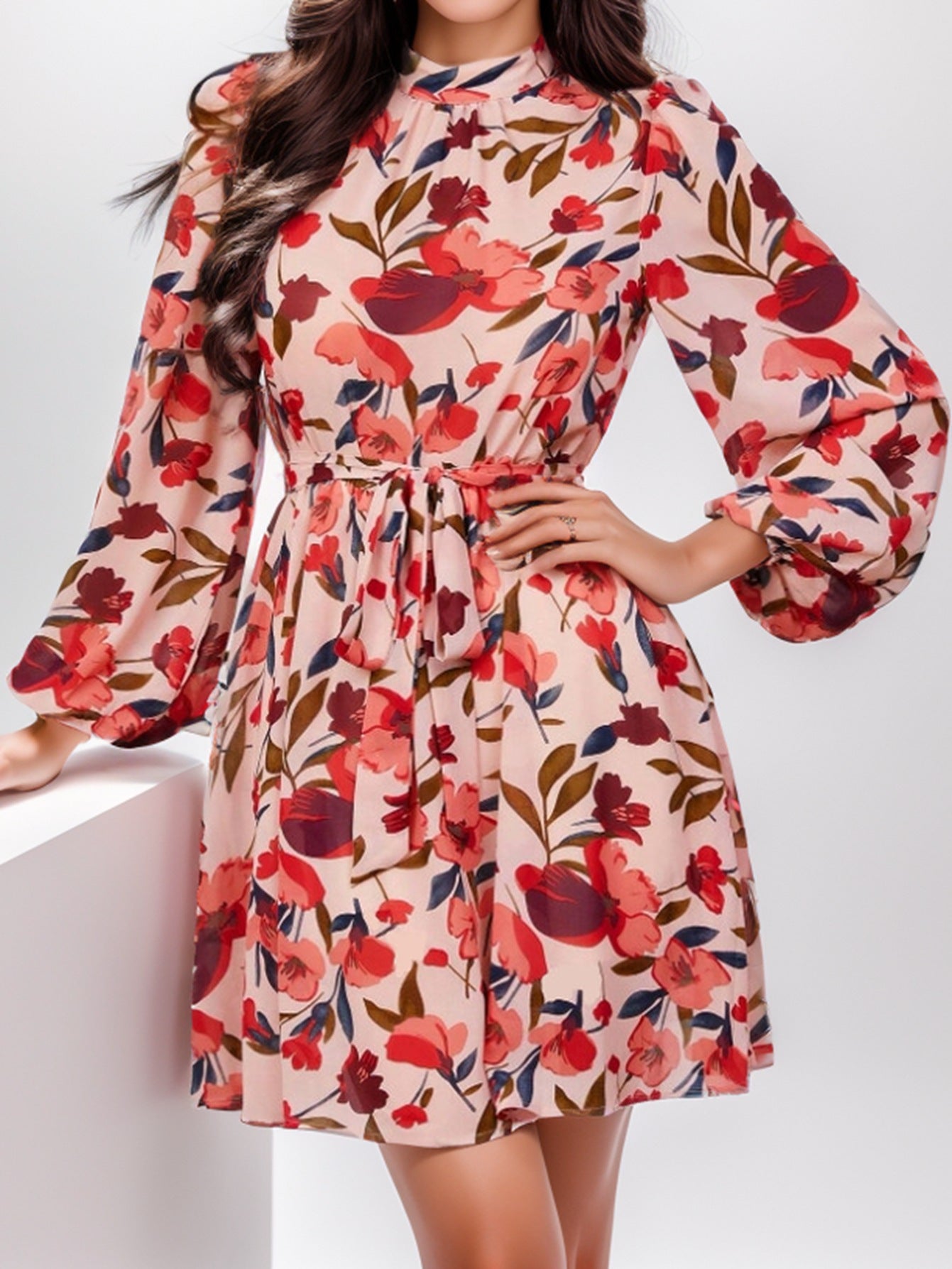 Nerea Timeless Women's Floral Print Dress with Waist Belt and Long Sleeves Evening Wear Edit