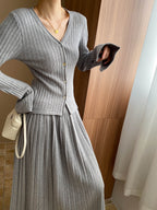 Knit Cardigan & Pleated Midi Skirt Set