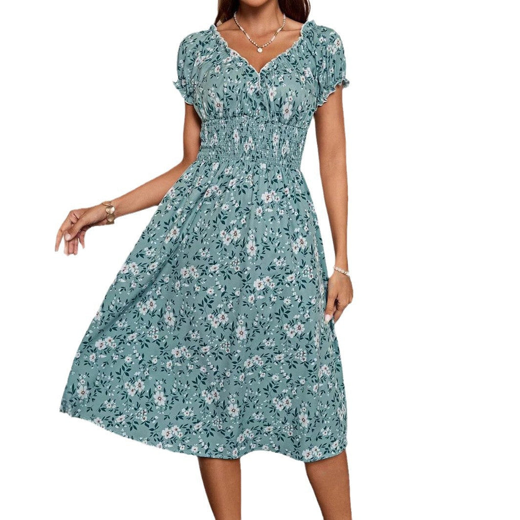 Julia Statement Women's Floral Midi Dress with Elastic Waist and Ruffle Details Evening Wear Edit