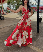 Ladies Strapless V-neck Women's Beach Halter Backless Printed Fairy Long Temperament Dresses Swing Dresses