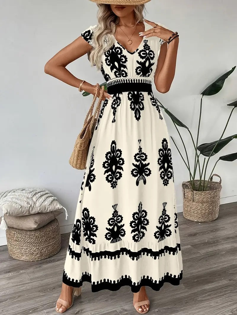 Aurora Minimalist Women's Embroidered V Neck Maxi Dress Elevated Occasion Wear