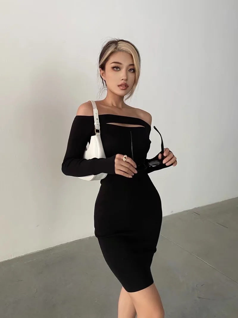 Victory Ribbed Off The Shoulder Midi Dress Black