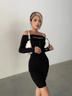 Victory Ribbed Off The Shoulder Midi Dress Black