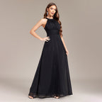 Halter Backless Pleated Waist Party Back Zipper Black a Large Swing Fully Lined Evening Dress