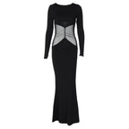 Fall round Neck Pullover Long Sleeve Mesh Slim Fit Patchwork Hip Bag Dress
