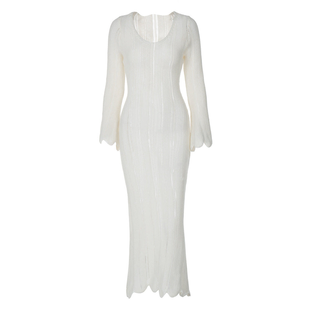 Solid Color Woolen Dress Long Sleeve U Collar Slim Fit Dress