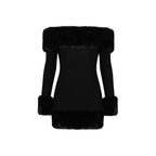 Black Plush Long Sleeve off Shoulder Dress Fur Backless Hip