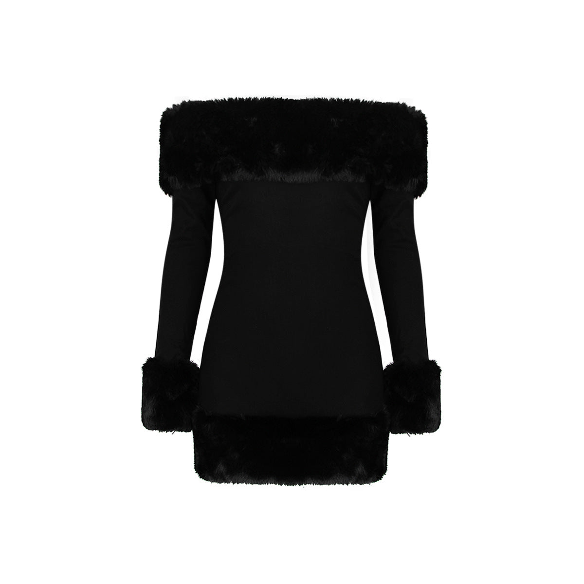 Black Plush Long Sleeve off Shoulder Dress Fur Backless Hip