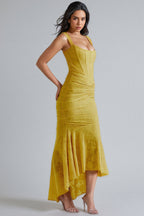 Kit Yellow Ruched Fishtail Maxi Dress