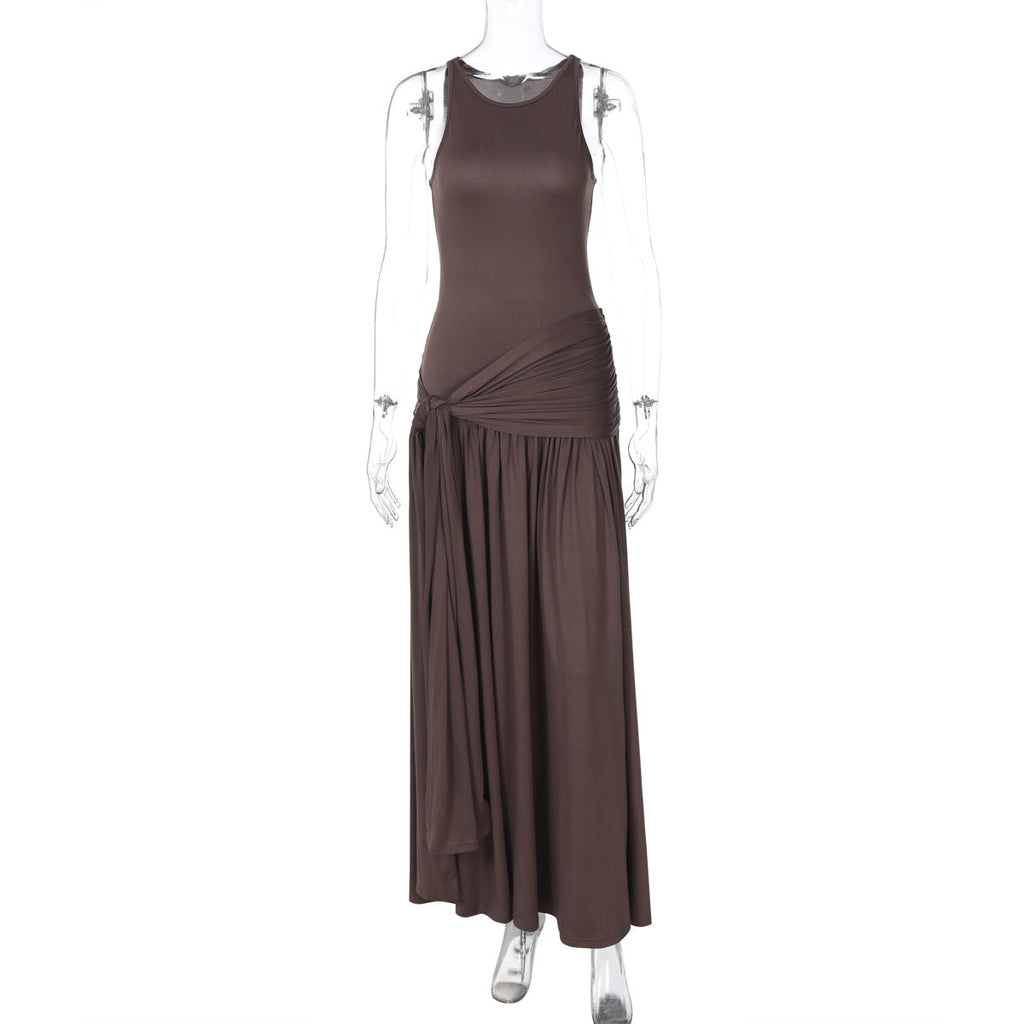 Stitching Ribbon Ruffled Slim Street Midi Solid Color Dress