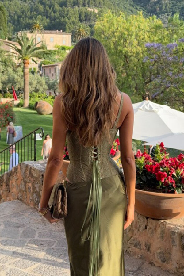 In A Fairytale Lace Satin Mid Rise Drape Maxi Skirt
