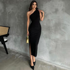 One Shoulder Short Sleeve Asymmetrical Midi Bodycon Dress HB75620