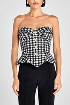 Maya Check Bouclé-tweed Fabric Sweetheart Neck Gold Button Strapless Tank