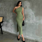 One Shoulder Short Sleeve Asymmetrical Midi Bodycon Dress HB75620