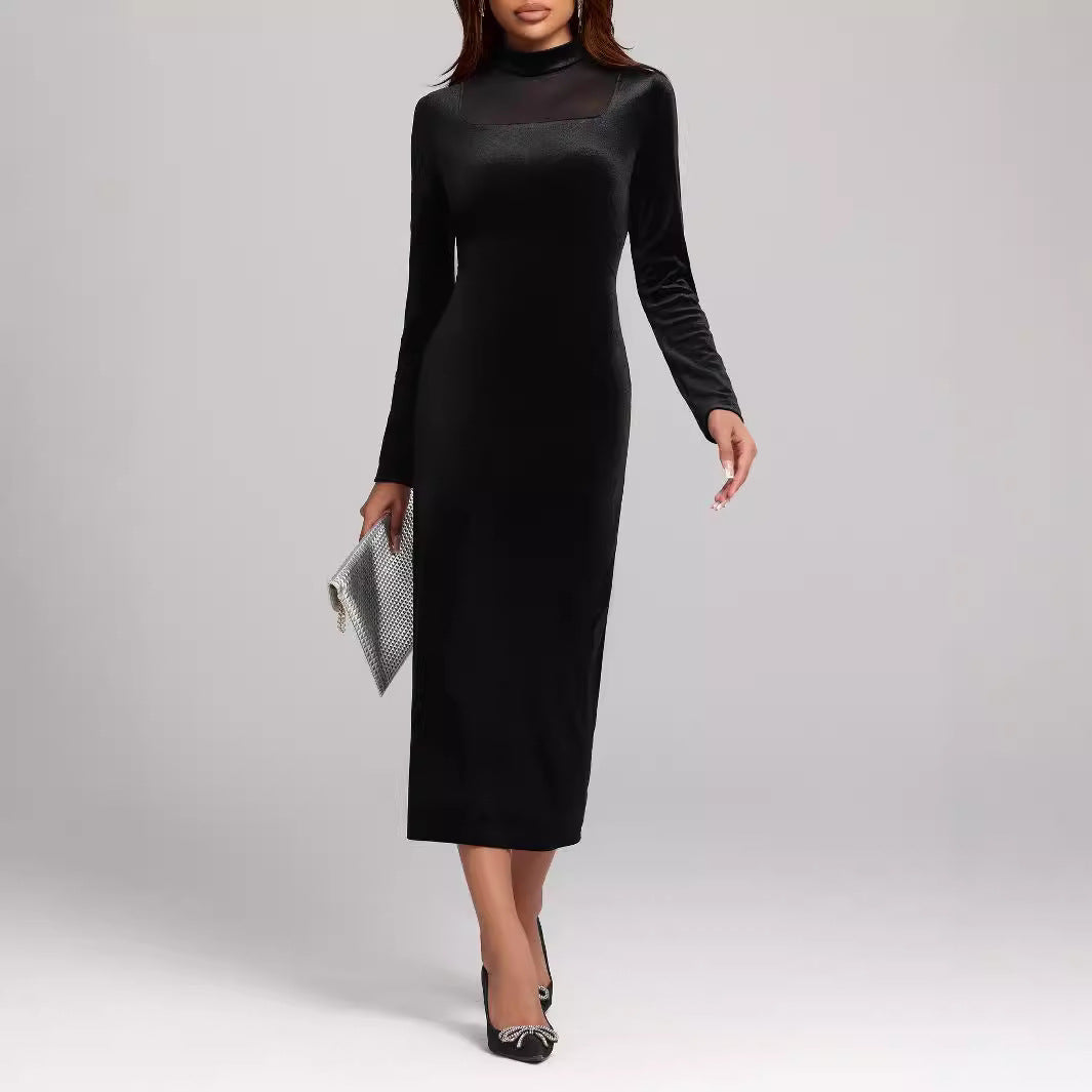 Autumn Winter Sexy Tight Split Hip Dress Elegant Socialite Velvet Dress
