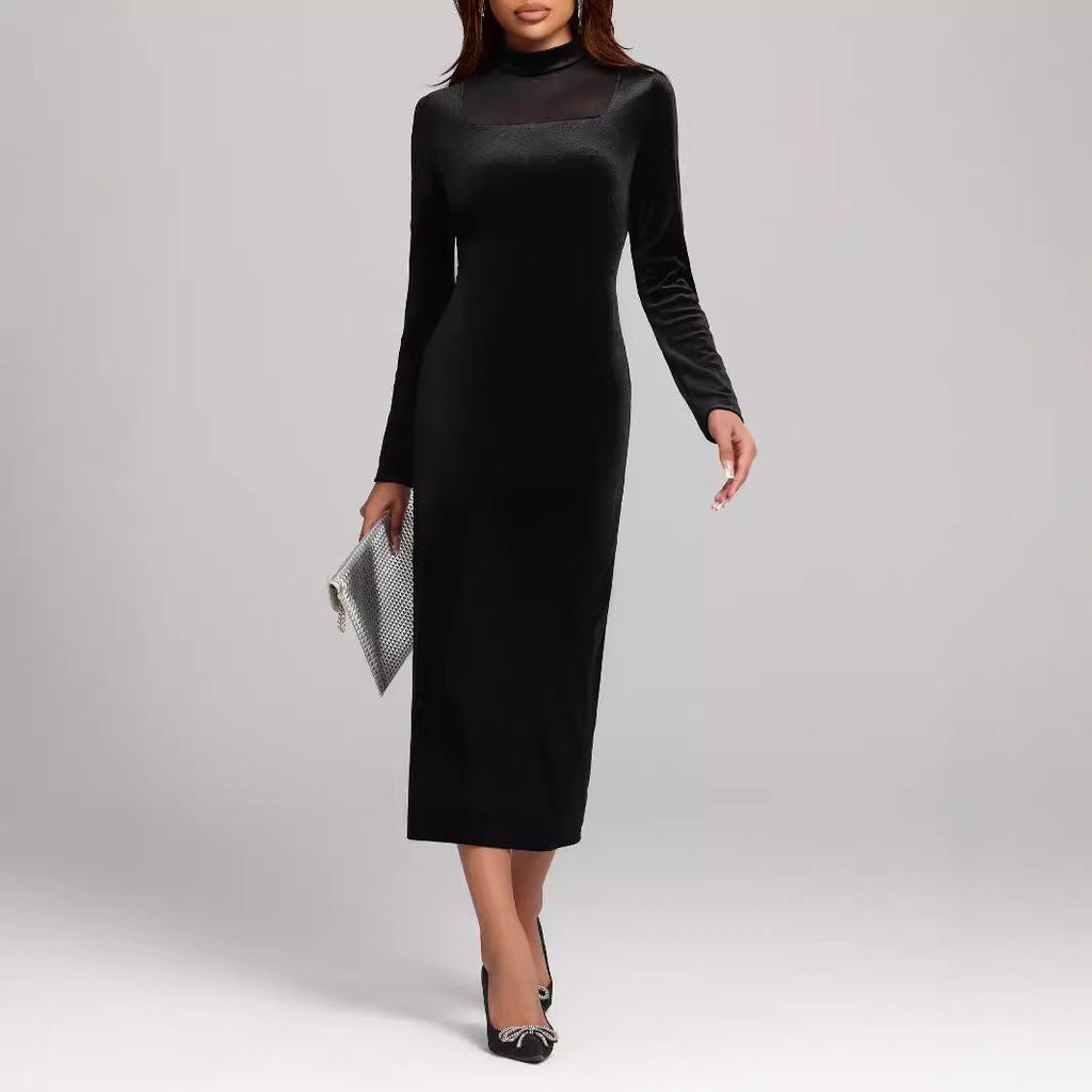 Autumn Winter Sexy Tight Split Hip Dress Elegant Socialite Velvet Dress