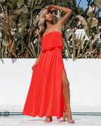 Vivid Strapless Slit Maxi Dress Bright Orange