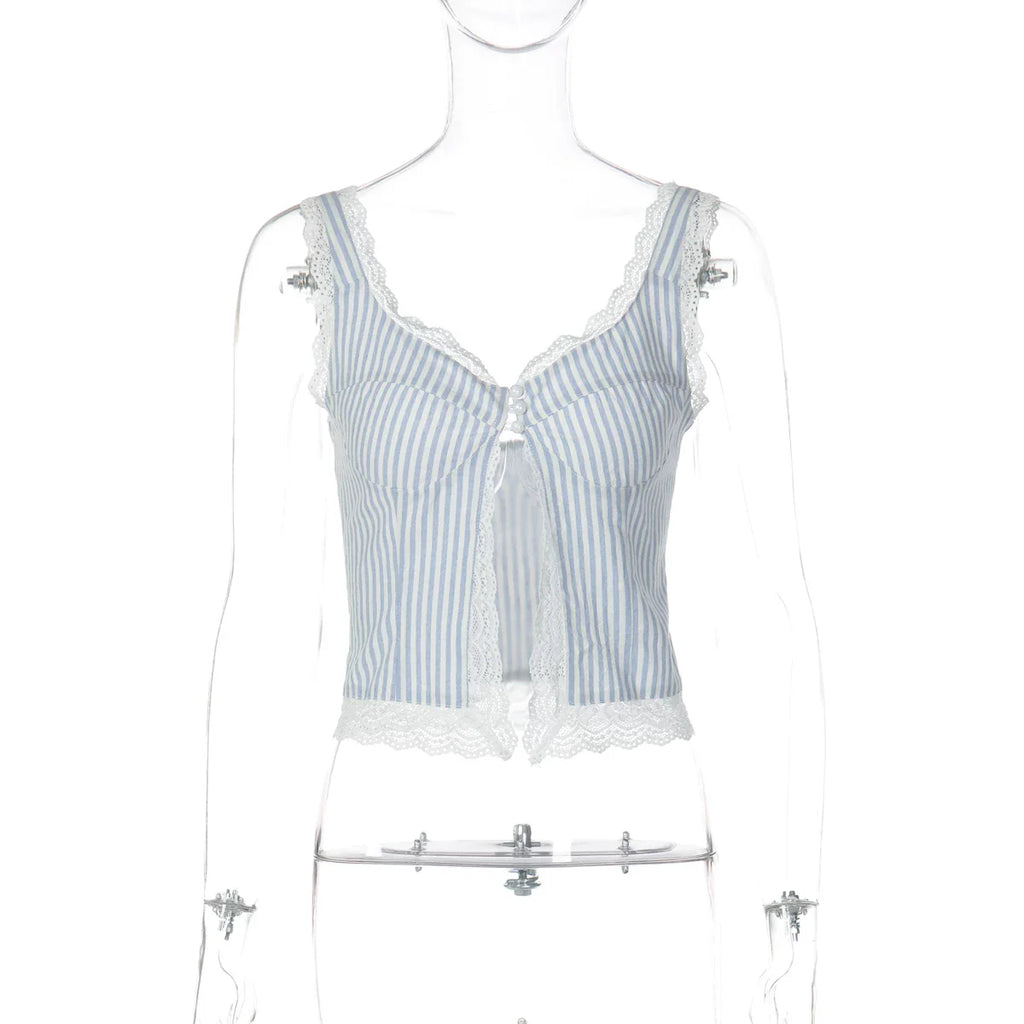 Lace Trim Striped Button Camisole