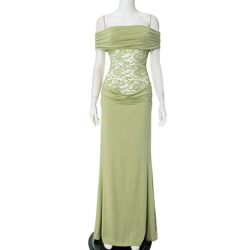 Women's Spring/Summer New Solid Color Off Shoulder Splicing Lace Extra Long Slimming Dress