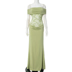 Women's Spring/Summer New Solid Color Off Shoulder Splicing Lace Extra Long Slimming Dress