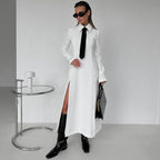 Early Elegant College Collared Long Sleeve Split Dress Tie Dress