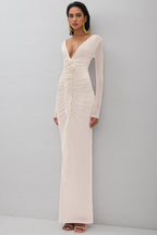 Vivialk V-neck 3D Flower Pleated Maxi Dress