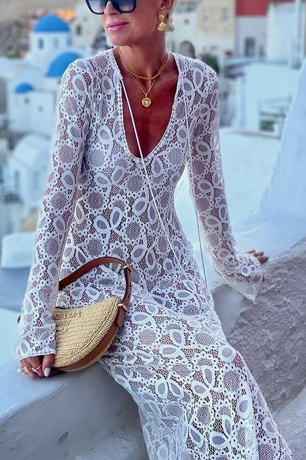 Women's Lace Lace White Lucky Flower Dress Long, Long Sleeve Sheer Tie INS Loose Holiday Split Dresses