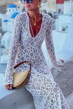 Women's Lace Lace White Lucky Flower Dress Long, Long Sleeve Sheer Tie INS Loose Holiday Split Dresses