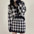 Checkered Wool Blend Button Cardigan And Skirt Set