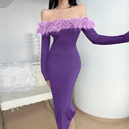 Fur Collar Off Shoulder Dress