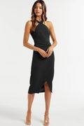 Havyn Satin Asymmetrical Halter Midi Dress Black