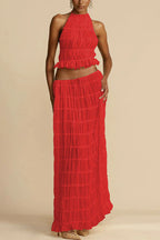 Versatile retro charm pleated drawstring waistline long skirt set