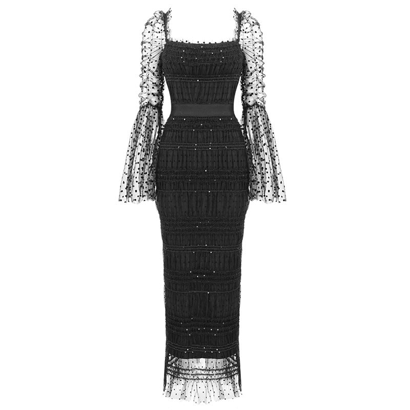 Black Flared Sleeves Slimming Long Sleeve Dot Mesh Korean Dress Dress