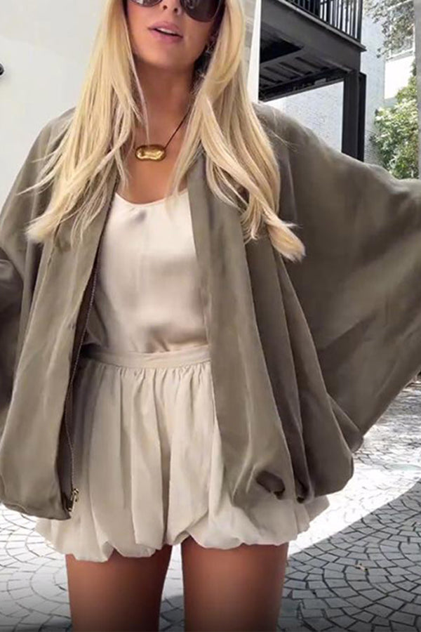 Fashion Lapel Loose Puff Long Sleeve Casual Zipper Jacket