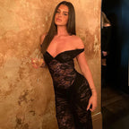 Autumn Sexy Stitching Ring Shoulder Backless Bodysuit See through Lace Split Long Skirt Set for Women