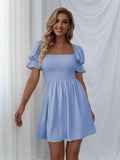 Leroy Linen Blend Puff Sleeve Babydoll Dress Aqua