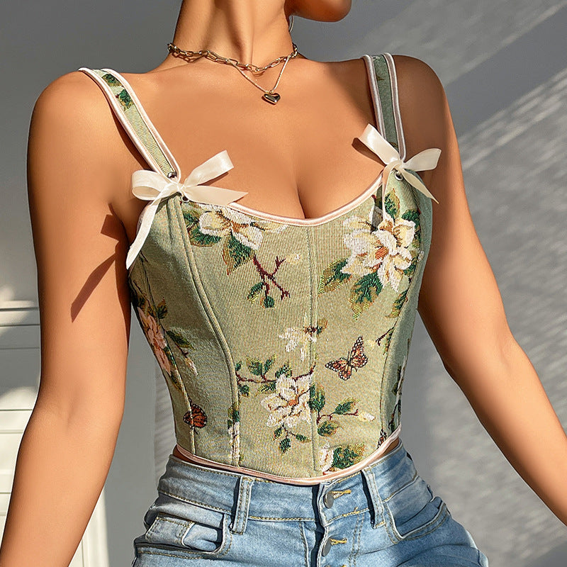 French Bow Tie Shoulder Floral Sexy Shapewear Women Spaghetti Strap Floral Print Slim Vest Corset