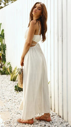 Rachelle Linen Blend Cutout Halter Maxi Dress Taupe