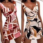 Arrival Square Printed V - neck Slim Fit Short Dress Abstract Floral